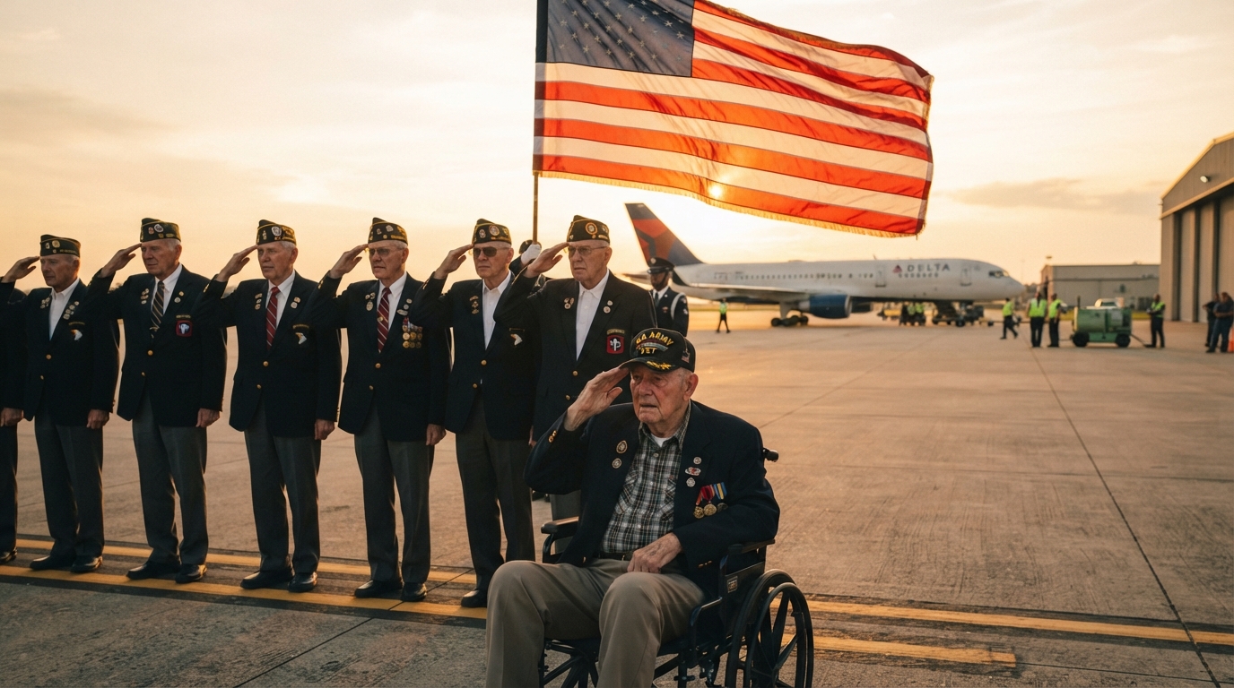 Veterans saluting as the American flag passes between them and a charter aircraft on the tarmac at golden hour