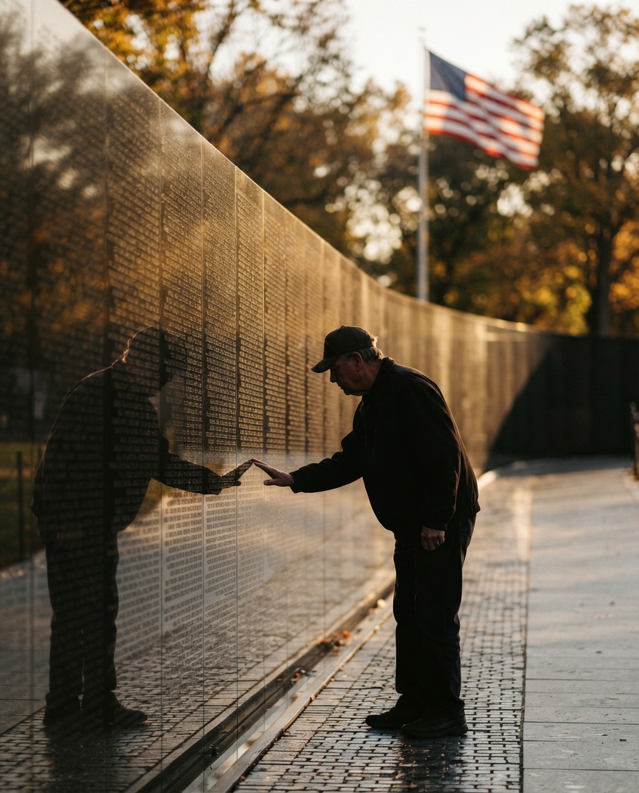 A veteran touches an engraved name on the Vietnam Veterans Memorial wall while the American flag reflects in the polished granite, late afternoon light